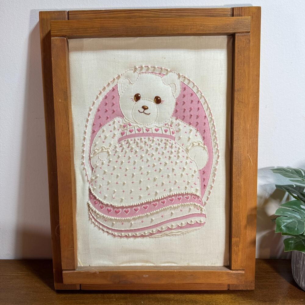 Vintage Prism Designs Pink Bear Crewel Embroidery Pinky 1984 15x20.5 Framed